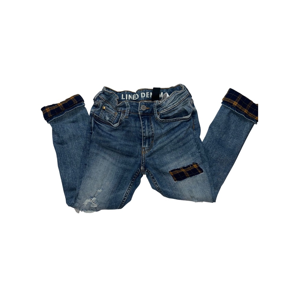 H&M &Denim Kids Skinny Distressed Lined Jeans Blue Plaid Patch Size 9-10Y